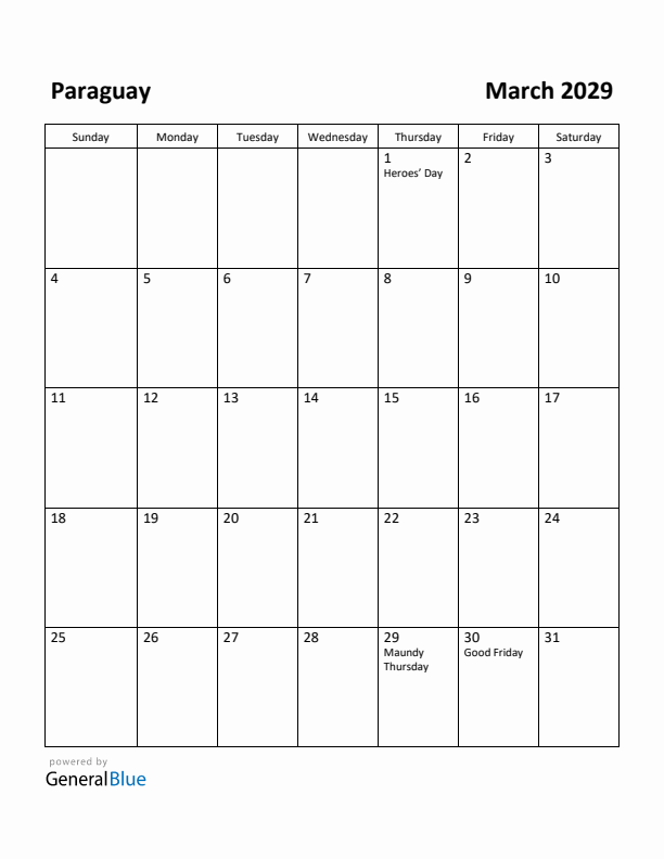 March 2029 Calendar with Paraguay Holidays