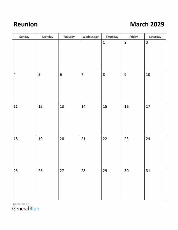 March 2029 Calendar with Reunion Holidays