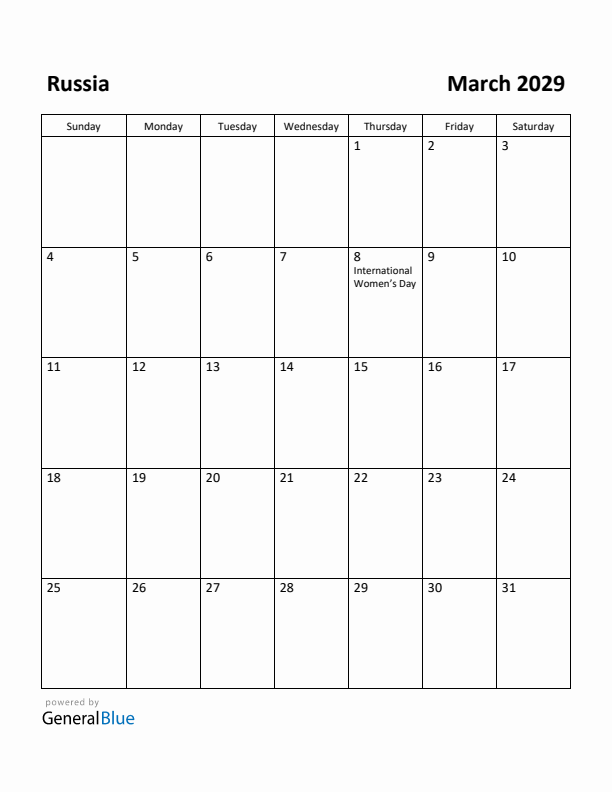 March 2029 Calendar with Russia Holidays