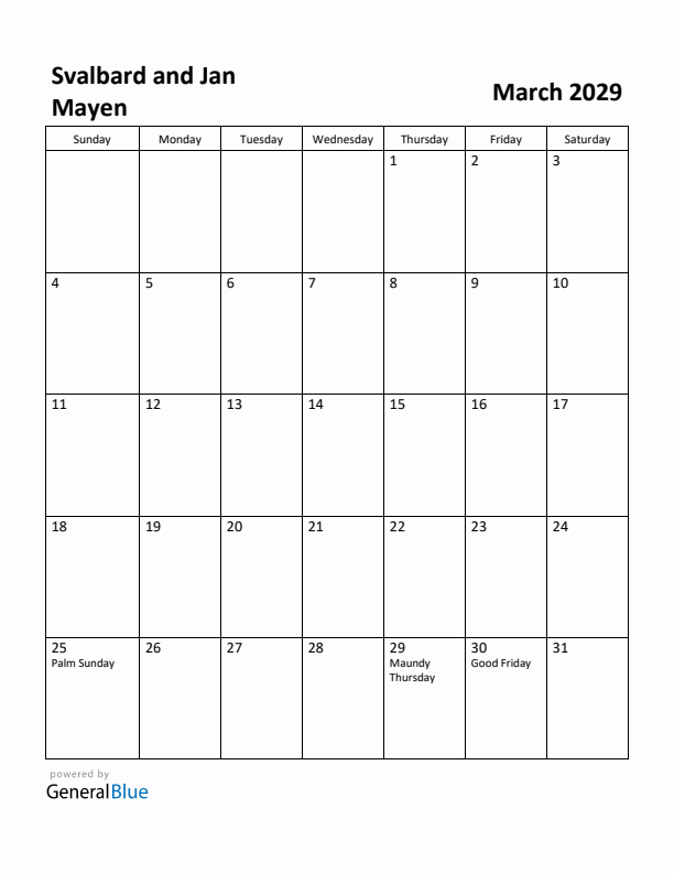 March 2029 Calendar with Svalbard and Jan Mayen Holidays