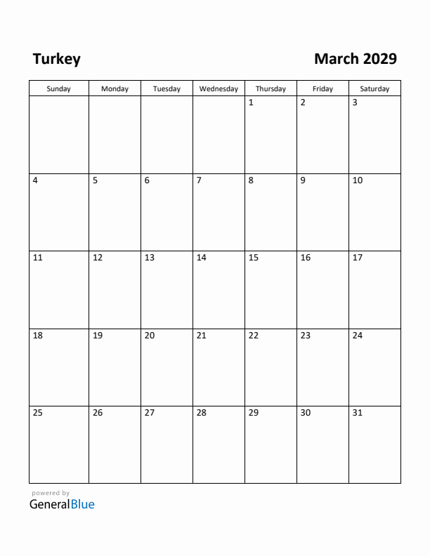 March 2029 Calendar with Turkey Holidays