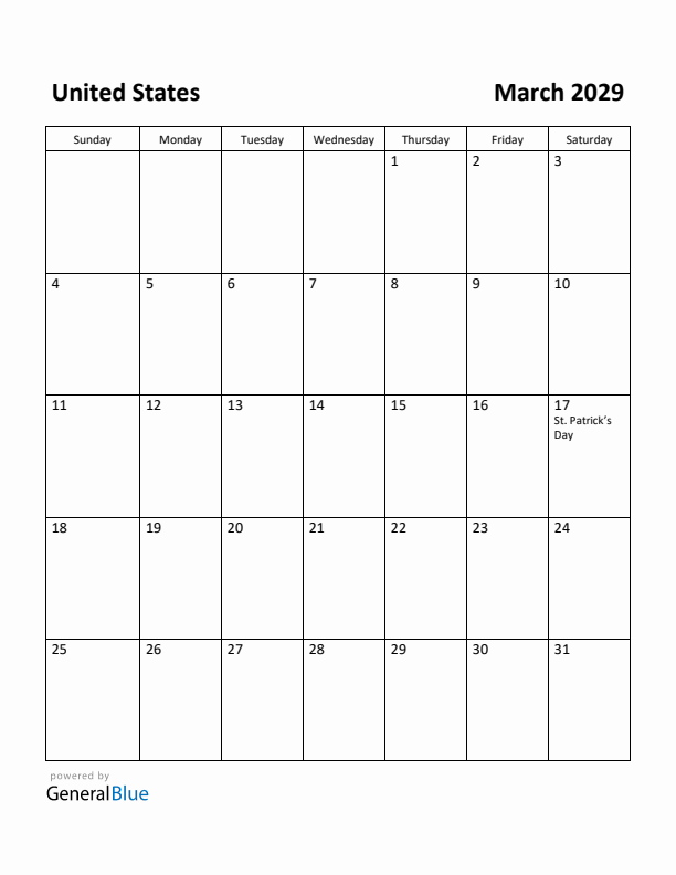 March 2029 Calendar with United States Holidays