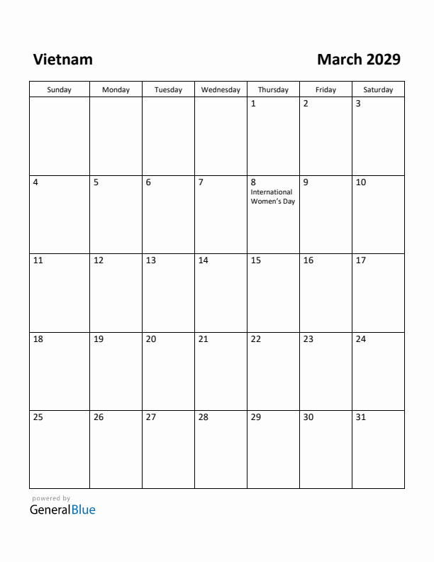 March 2029 Calendar with Vietnam Holidays