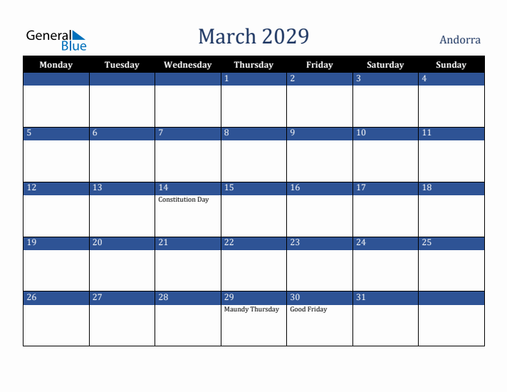 March 2029 Andorra Calendar (Monday Start)