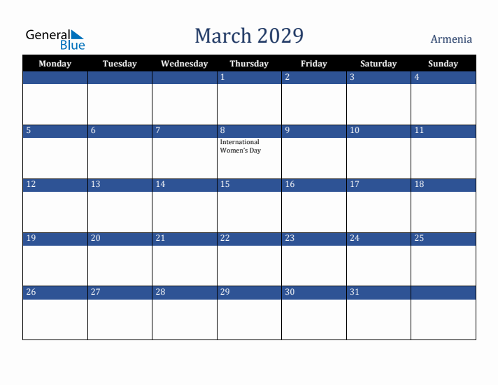 March 2029 Armenia Calendar (Monday Start)