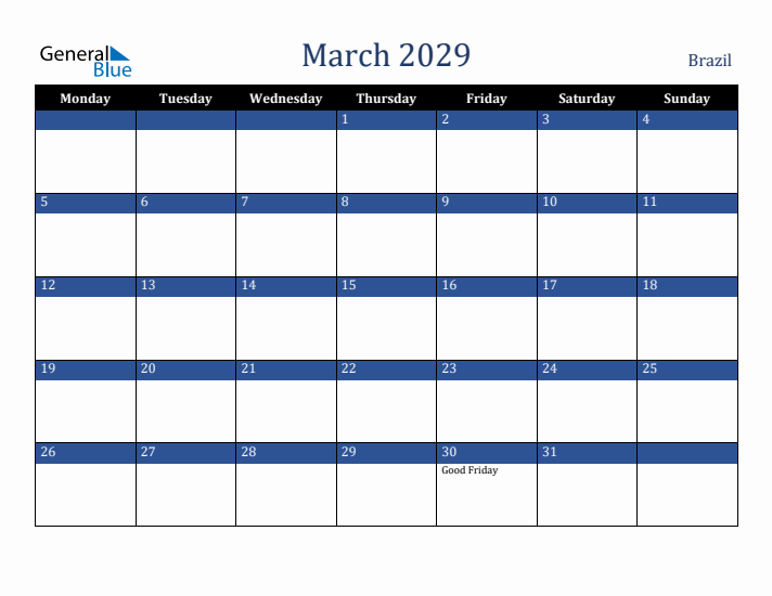 March 2029 Brazil Calendar (Monday Start)