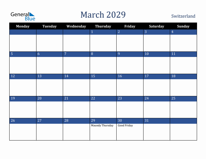 March 2029 Switzerland Calendar (Monday Start)