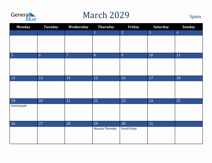 March 2029 Spain Calendar (Monday Start)