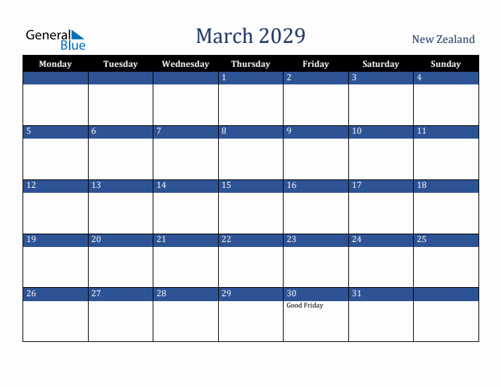 March 2029 New Zealand Calendar (Monday Start)