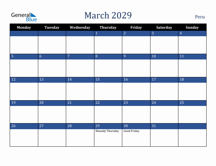 March 2029 Peru Calendar (Monday Start)