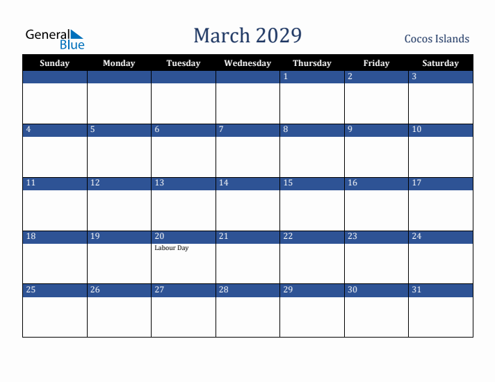 March 2029 Cocos Islands Calendar (Sunday Start)