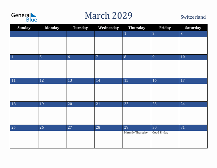 March 2029 Switzerland Calendar (Sunday Start)