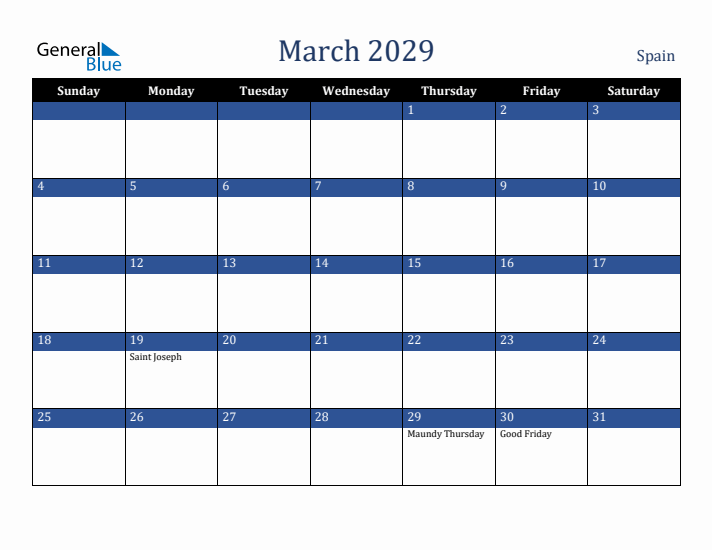 March 2029 Spain Calendar (Sunday Start)