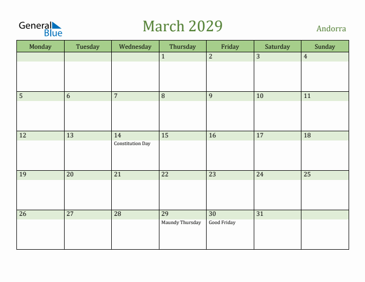 March 2029 Calendar with Andorra Holidays