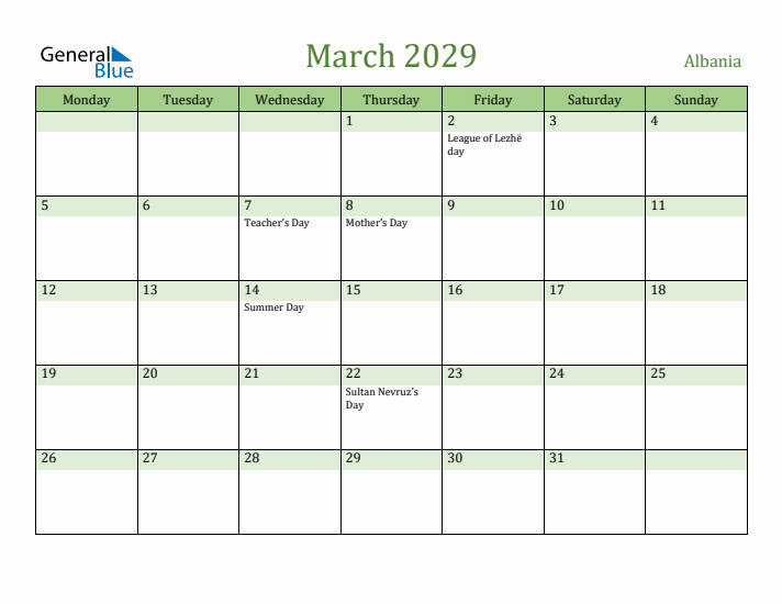 March 2029 Calendar with Albania Holidays