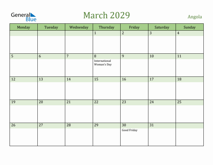 March 2029 Calendar with Angola Holidays