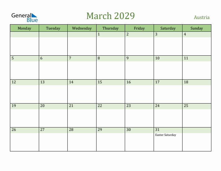 March 2029 Calendar with Austria Holidays