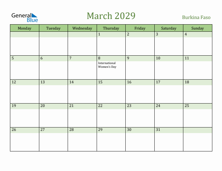 March 2029 Calendar with Burkina Faso Holidays