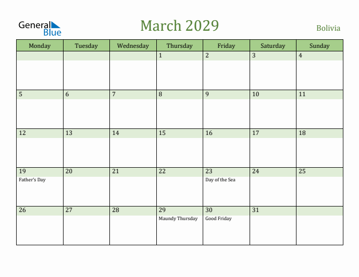 March 2029 Calendar with Bolivia Holidays