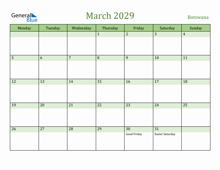 March 2029 Calendar with Botswana Holidays