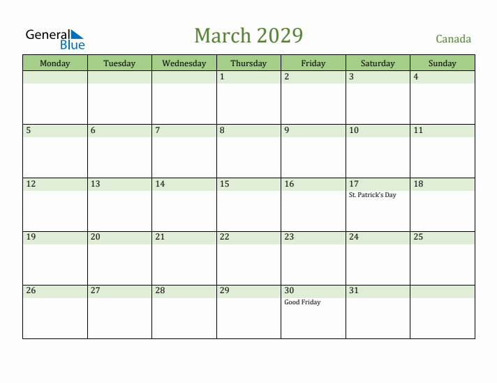 March 2029 Calendar with Canada Holidays