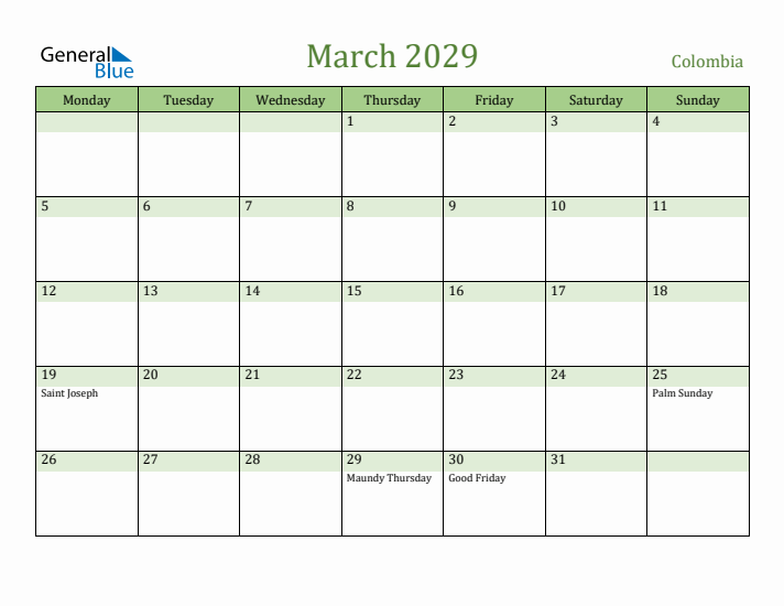 March 2029 Calendar with Colombia Holidays