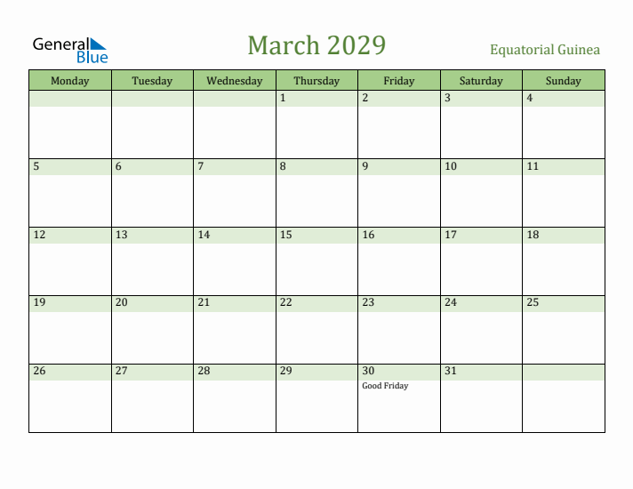 March 2029 Calendar with Equatorial Guinea Holidays