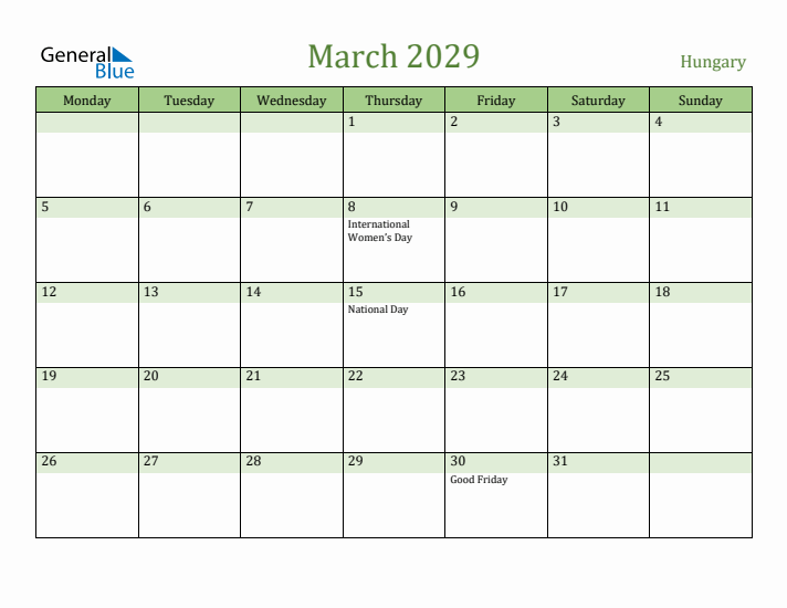 March 2029 Calendar with Hungary Holidays