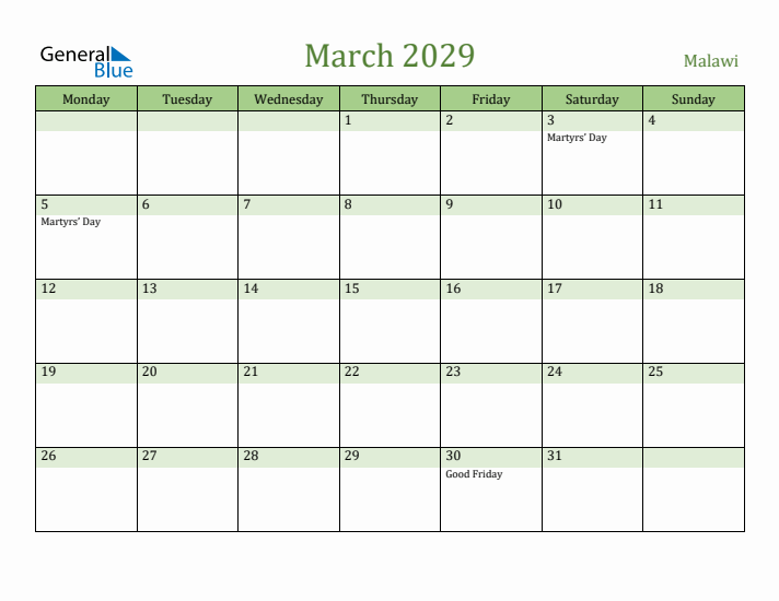 March 2029 Calendar with Malawi Holidays