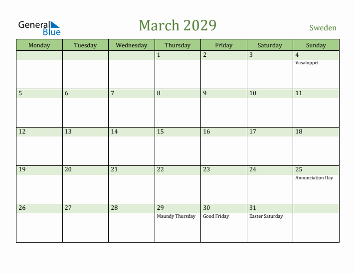 March 2029 Calendar with Sweden Holidays