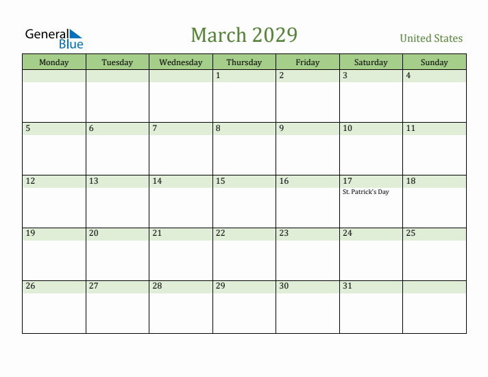 March 2029 Calendar with United States Holidays