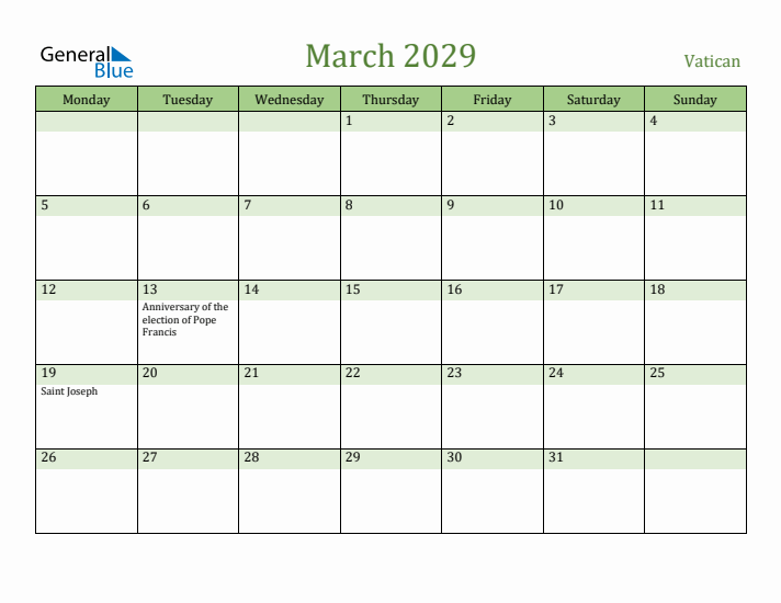 March 2029 Calendar with Vatican Holidays