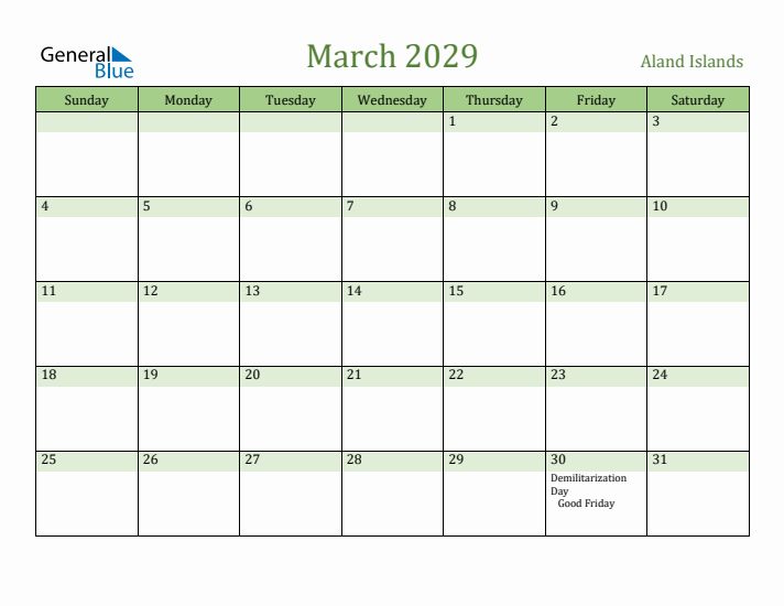 March 2029 Calendar with Aland Islands Holidays