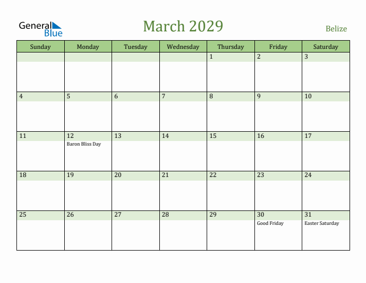 March 2029 Calendar with Belize Holidays