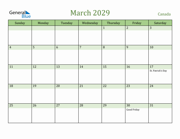 March 2029 Calendar with Canada Holidays