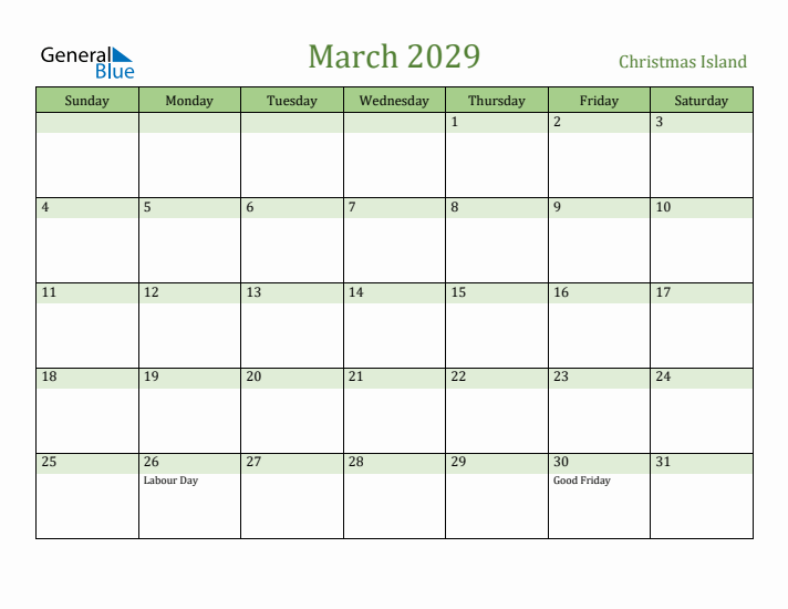 March 2029 Calendar with Christmas Island Holidays