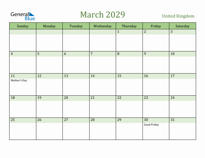 March 2029 Calendar with United Kingdom Holidays