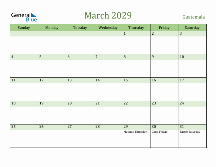 March 2029 Calendar with Guatemala Holidays