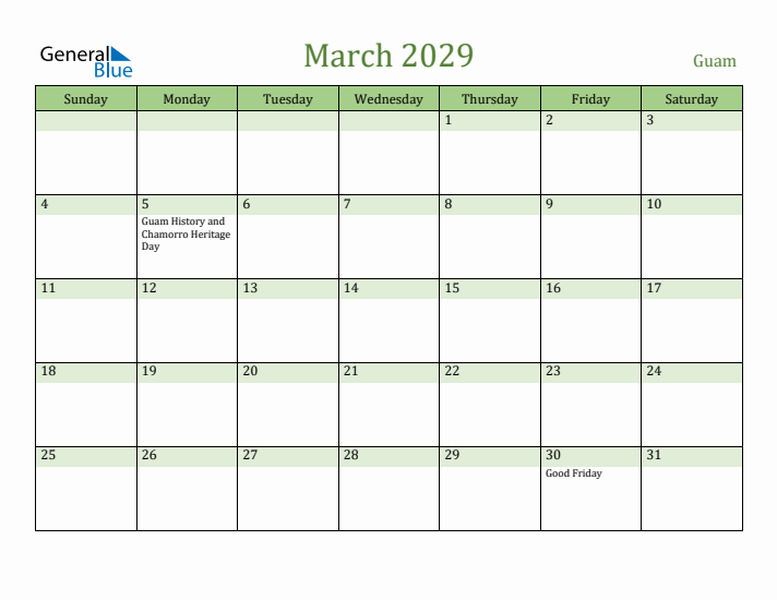 March 2029 Calendar with Guam Holidays