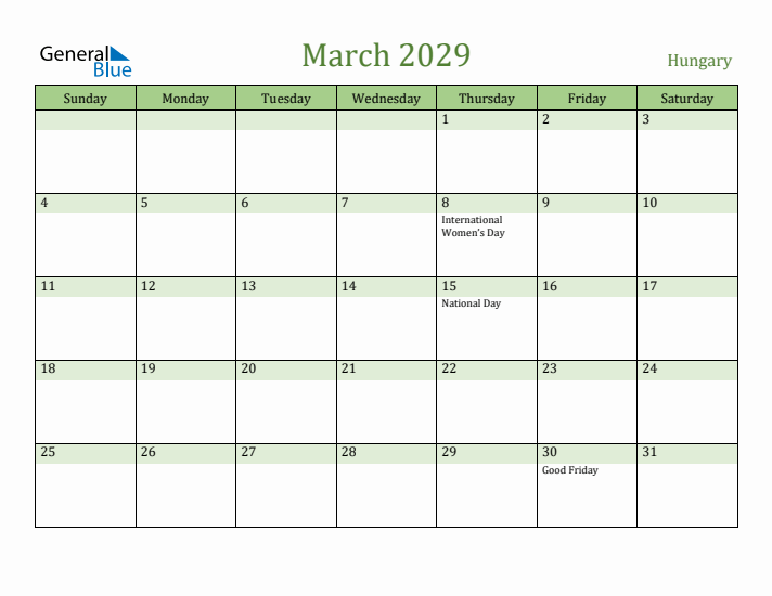 March 2029 Calendar with Hungary Holidays