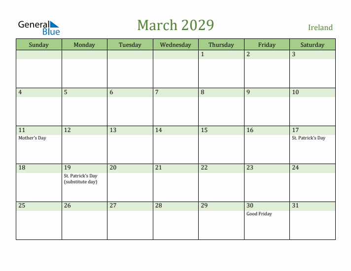 March 2029 Calendar with Ireland Holidays