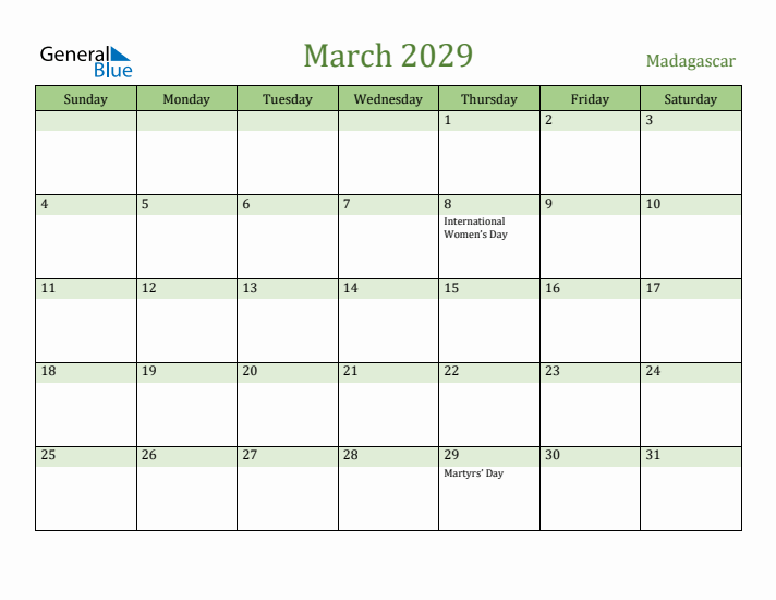 March 2029 Calendar with Madagascar Holidays