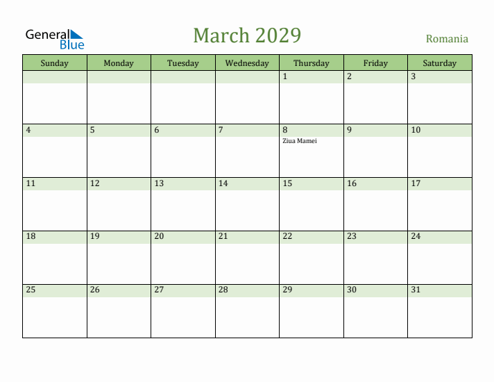 March 2029 Calendar with Romania Holidays