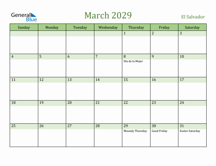 March 2029 Calendar with El Salvador Holidays