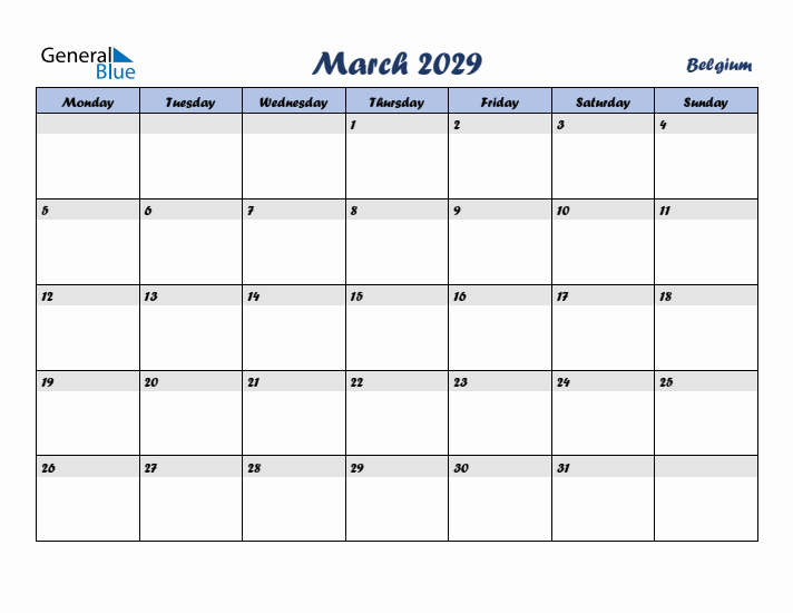 March 2029 Calendar with Holidays in Belgium