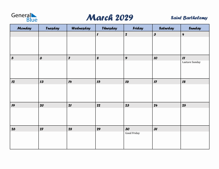 March 2029 Calendar with Holidays in Saint Barthelemy