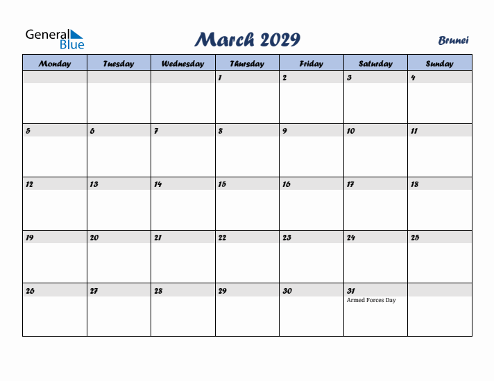 March 2029 Calendar with Holidays in Brunei