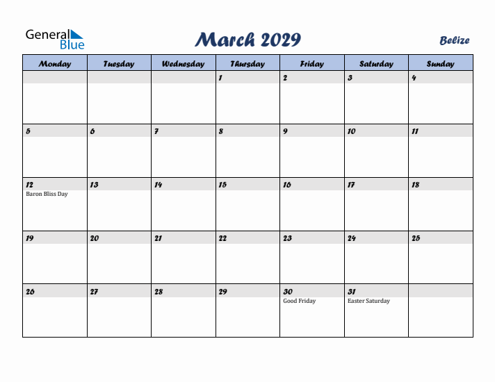 March 2029 Calendar with Holidays in Belize