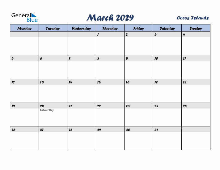 March 2029 Calendar with Holidays in Cocos Islands