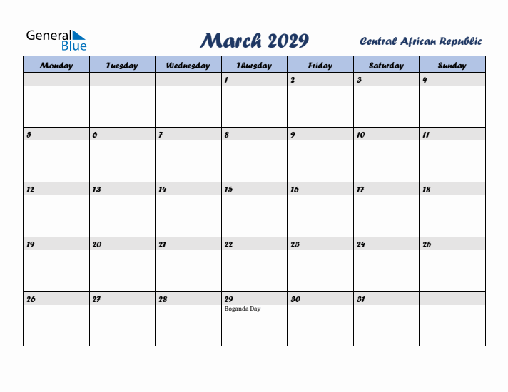 March 2029 Calendar with Holidays in Central African Republic